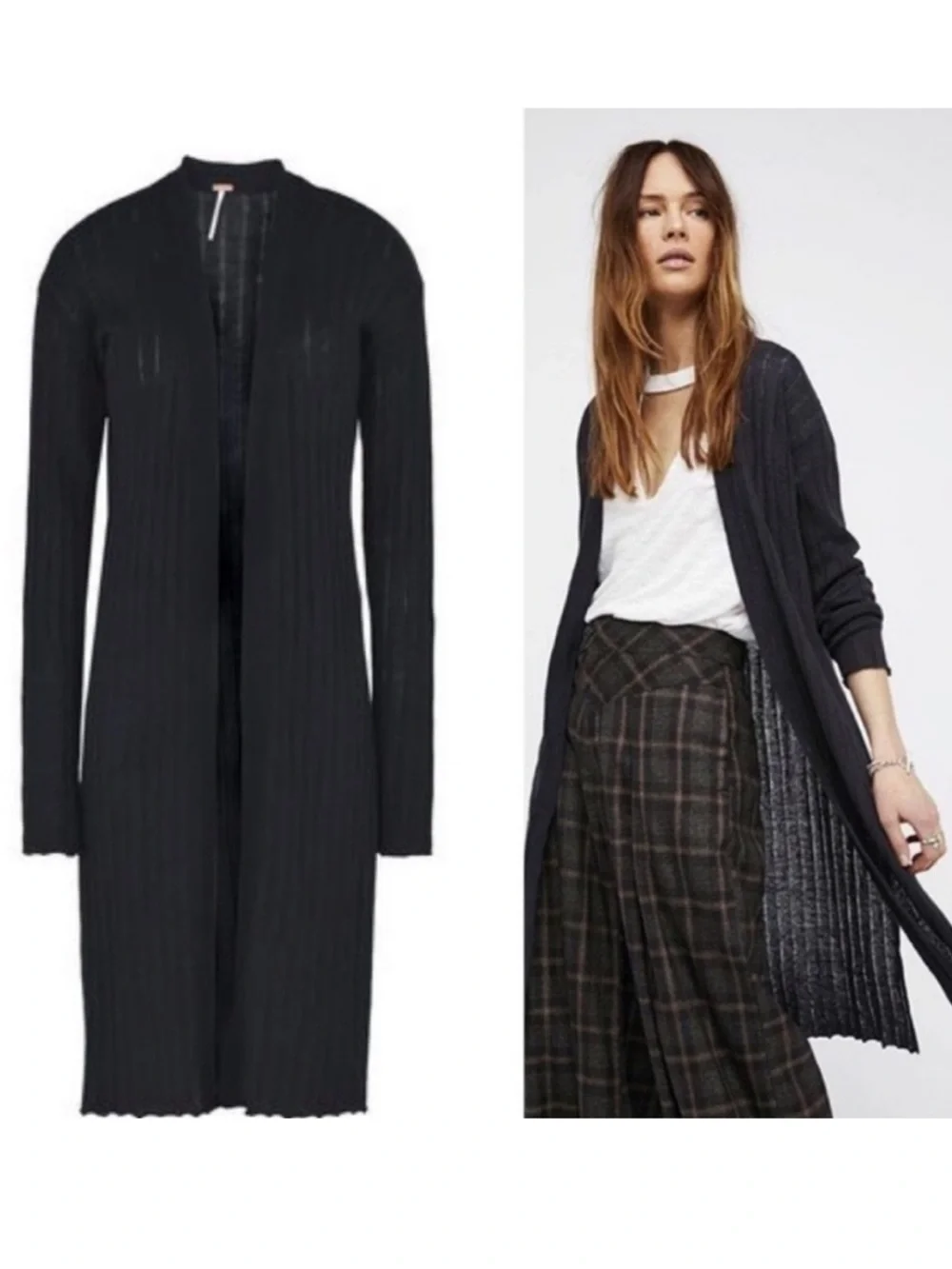 Free People Black Duster Cardigan Ribbed Boho Bohemian Festival Hippie Medium M